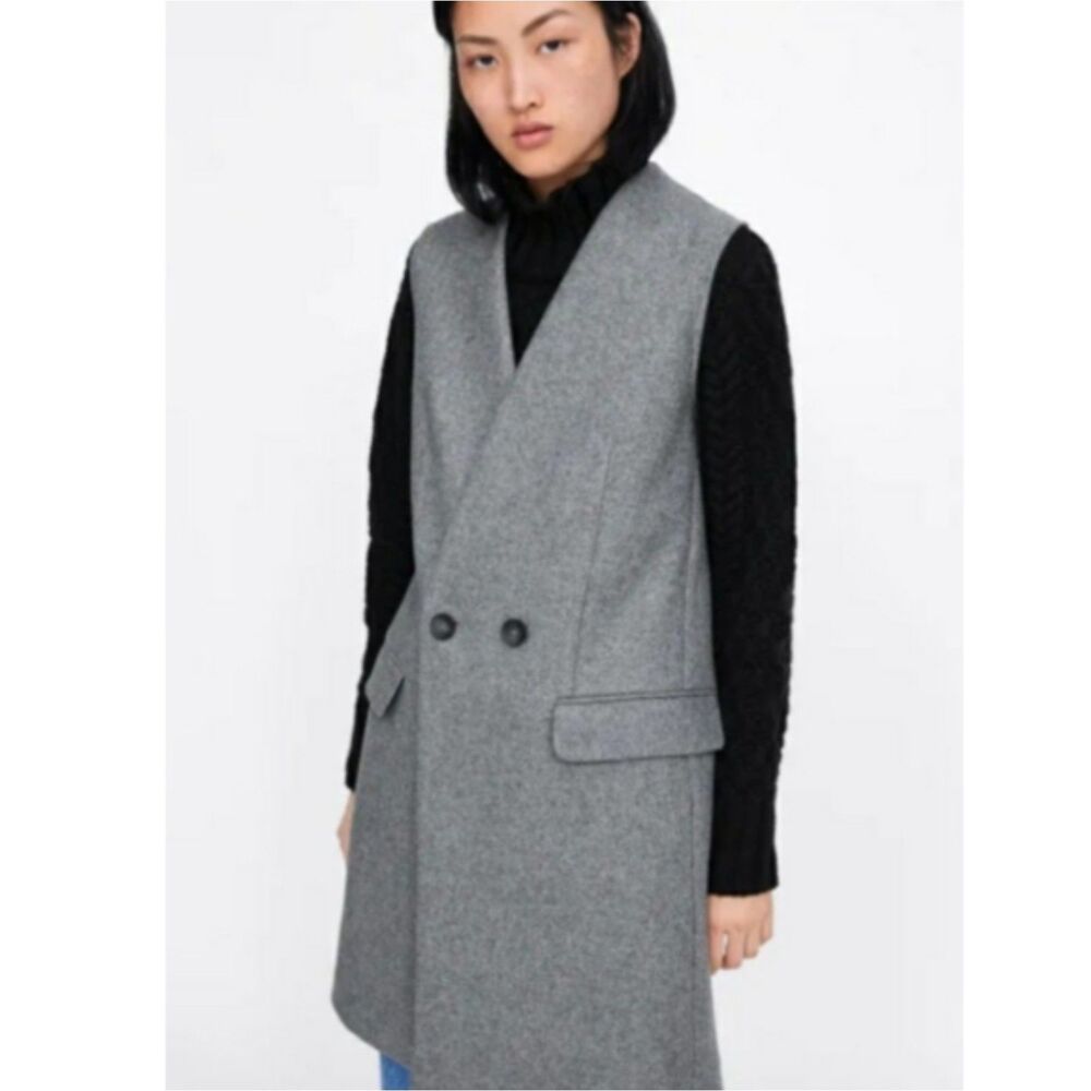 ZARA WOOL BLEND LONG VEST WITH POCKETS IN GREY XS
